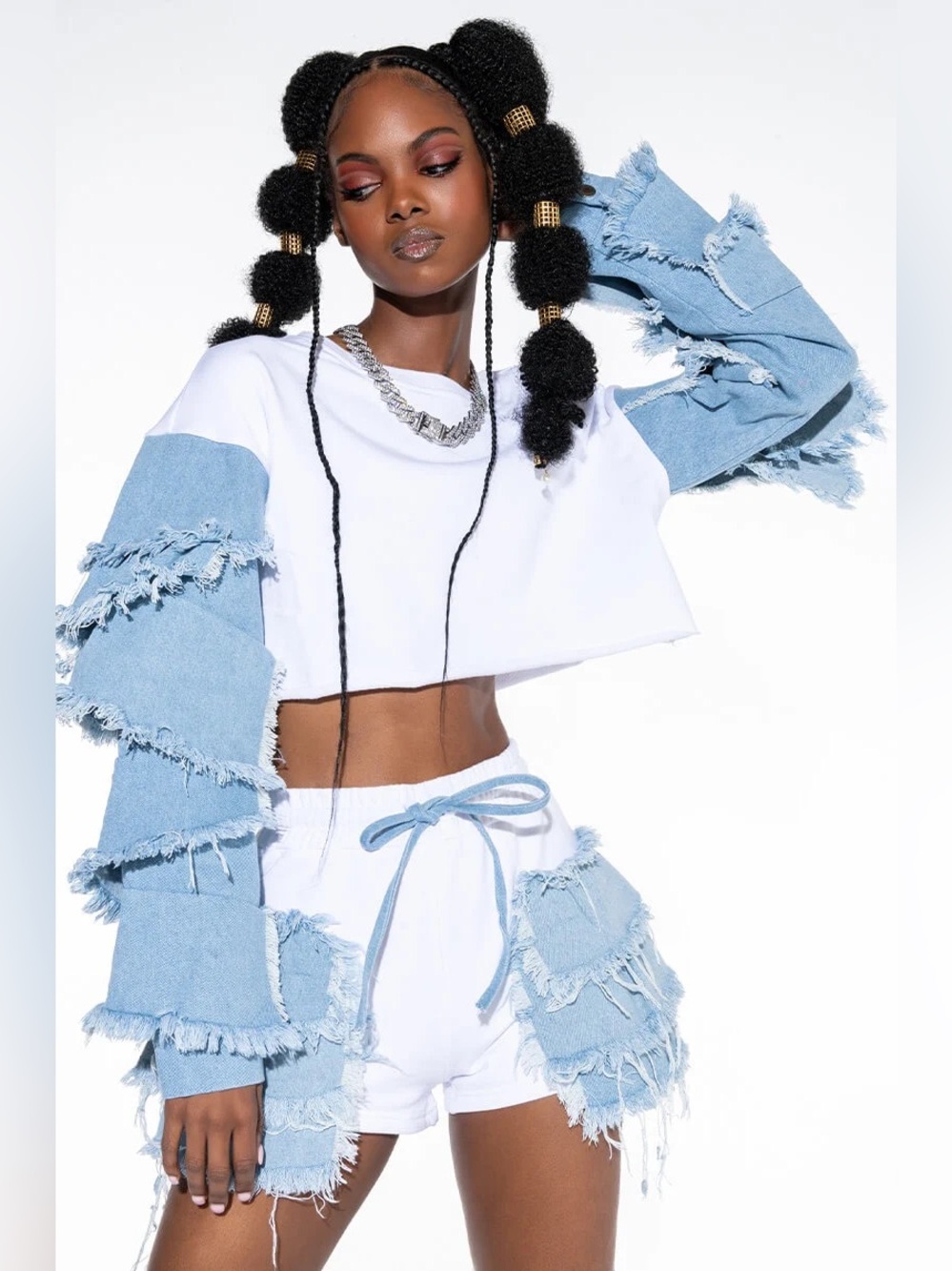 AKIRA Already Best Friends Denim Detail Sweat Shorts White Blue Size Small
